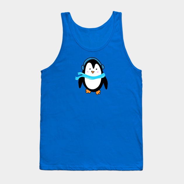 Festive Winter Penguin with Blue Scarf and Earmuffs, made by EndlessEmporium Tank Top by EndlessEmporium